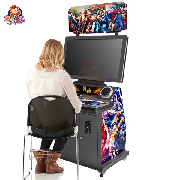 Arcade fighting game machine with two players competing using joystick and button controls.
