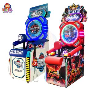 A coin-operated boxing machine with a punch bag, displaying scores and lights.