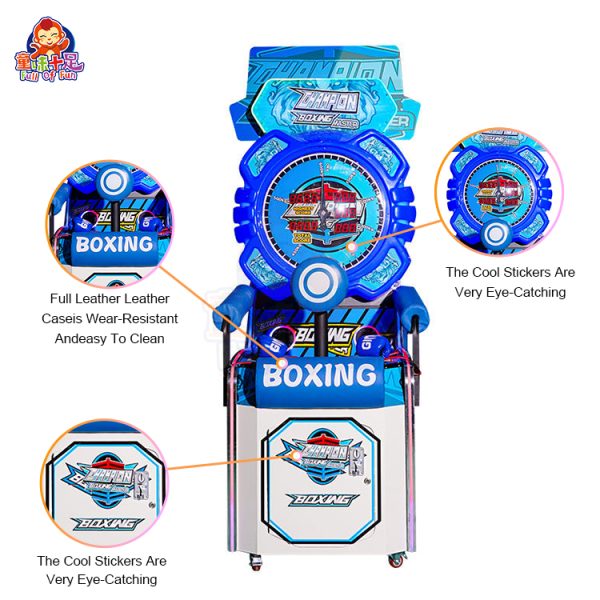 A coin-operated boxing machine with a punch bag, displaying scores and lights.