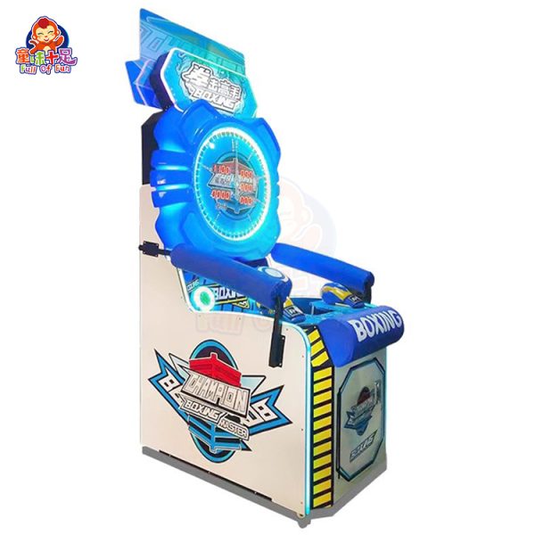 A coin-operated boxing machine with a punch bag, displaying scores and lights.