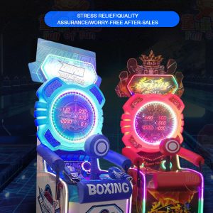 A coin-operated boxing machine with a punch bag, displaying scores and lights.