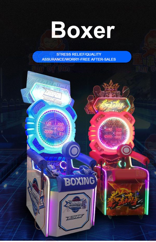 A coin-operated boxing machine with a punch bag, displaying scores and lights.