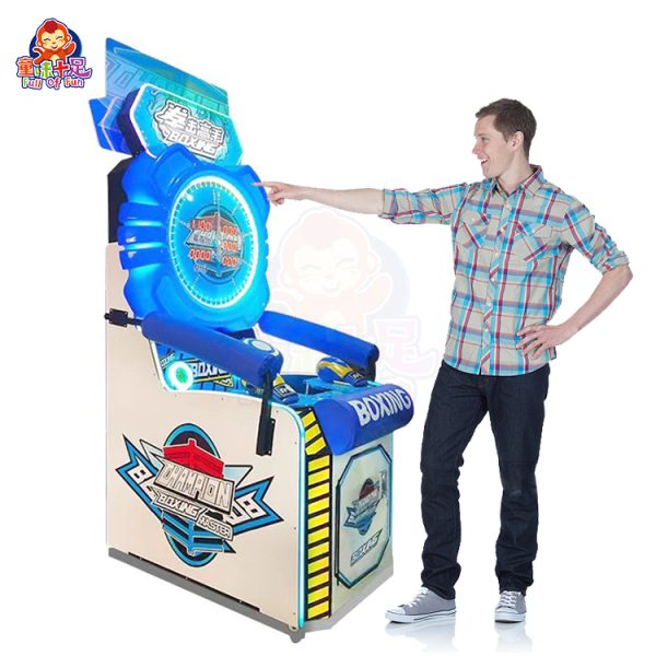 A coin-operated boxing machine with a punch bag, displaying scores and lights.