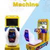 Arcade racing machine with vibrant screen and realistic driving controls.