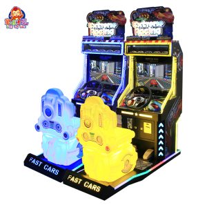 Children's arcade racing game machine with colorful design and steering controls.