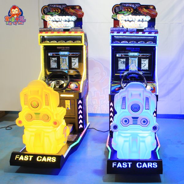 Children's arcade racing game machine with colorful design and steering controls.