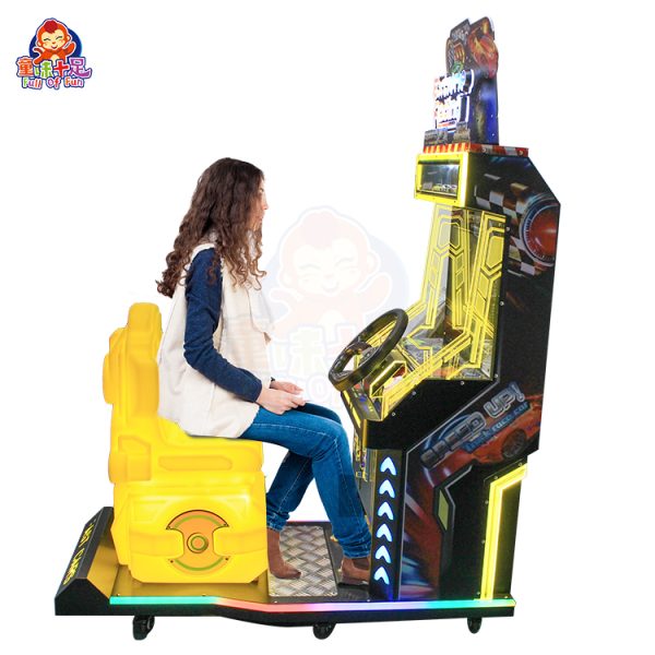Children's arcade racing game machine with colorful design and steering controls.