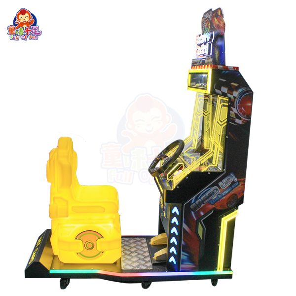 Children's arcade racing game machine with colorful design and steering controls.
