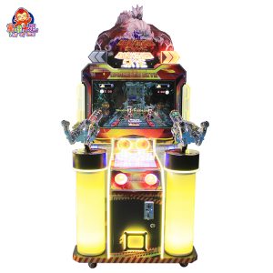 Máquina recreativa de tiro para dos jugadores, con luces brillantes y pistolas de juguete.