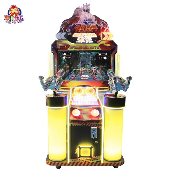 Two-player children's shooting game machine with bright lights and toy guns.