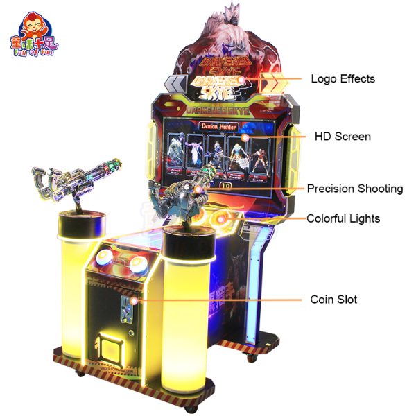 Two-player children's shooting game machine with bright lights and toy guns.