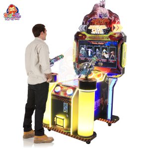 Two-player children's shooting game machine with bright lights and toy guns.