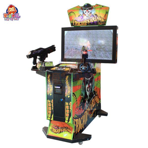 Two-player coin-operated horror-themed shooting game machine with vibrant lights and toy guns.