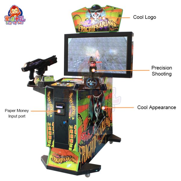 Two-player coin-operated horror-themed shooting game machine with vibrant lights and toy guns.