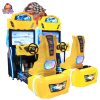 Two-player arcade racing game machine with dual seats, steering wheels, and colorful LED lights.