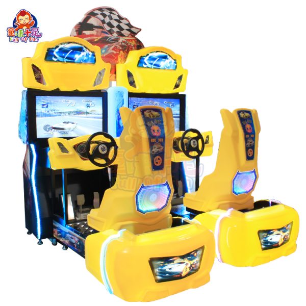 Two-player arcade racing game machine with dual seats, steering wheels, and colorful LED lights.