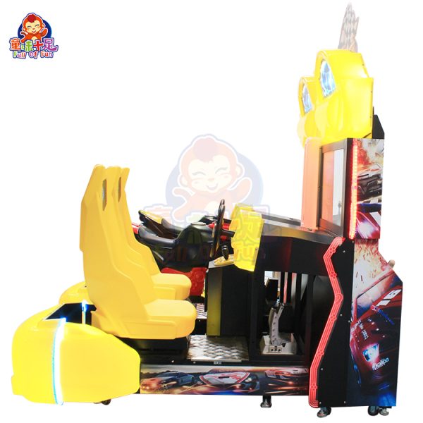 Two-player arcade racing game machine with dual seats, steering wheels, and colorful LED lights.