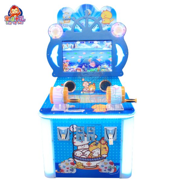 Two-player coin-operated fishing game machine with vibrant underwater themes and playful fishing rods.