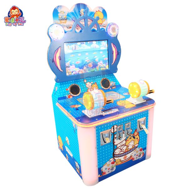 Two-player coin-operated fishing game machine with vibrant underwater themes and playful fishing rods.