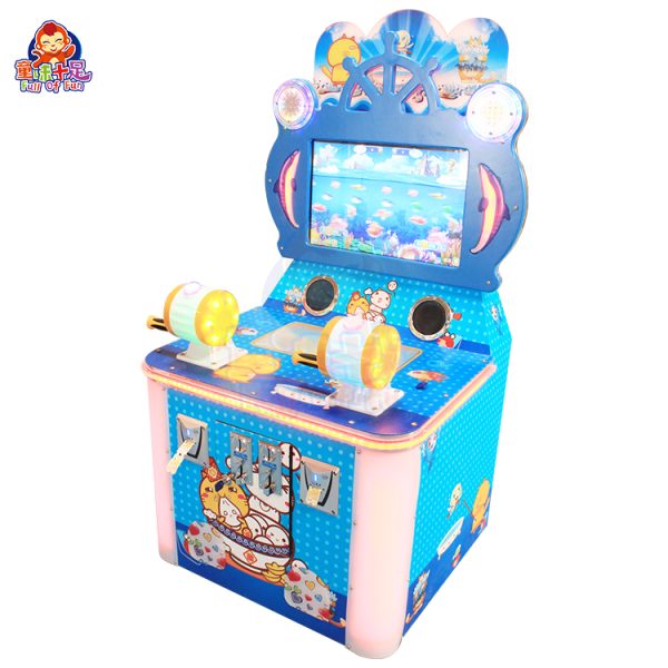 Two-player coin-operated fishing game machine with vibrant underwater themes and playful fishing rods.