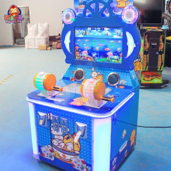 Two-player coin-operated fishing game machine with vibrant underwater themes and playful fishing rods.