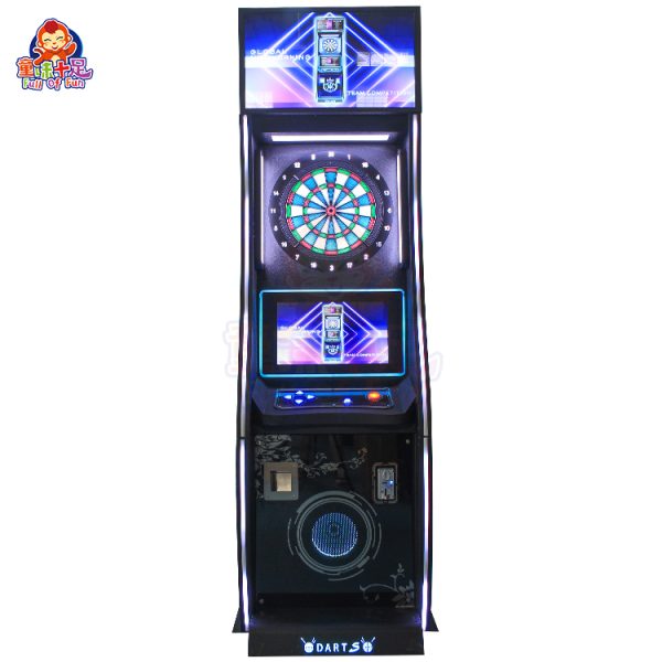 Coin-operated dart game machine with two screens for multiplayer competitions.
