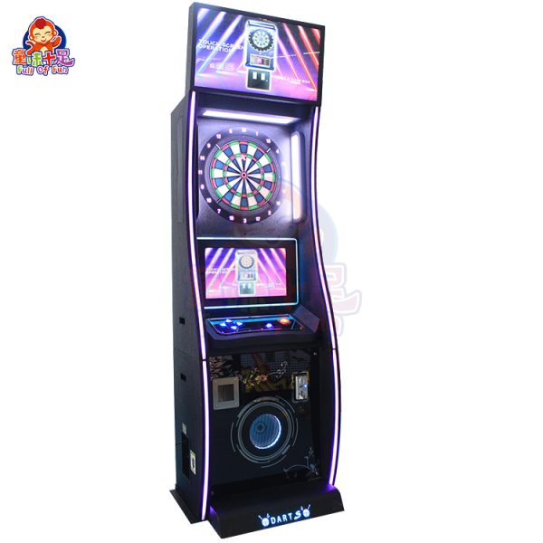 Coin-operated dart game machine with two screens for multiplayer competitions.