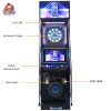 Coin-operated dart game machine with two screens for multiplayer competitions.