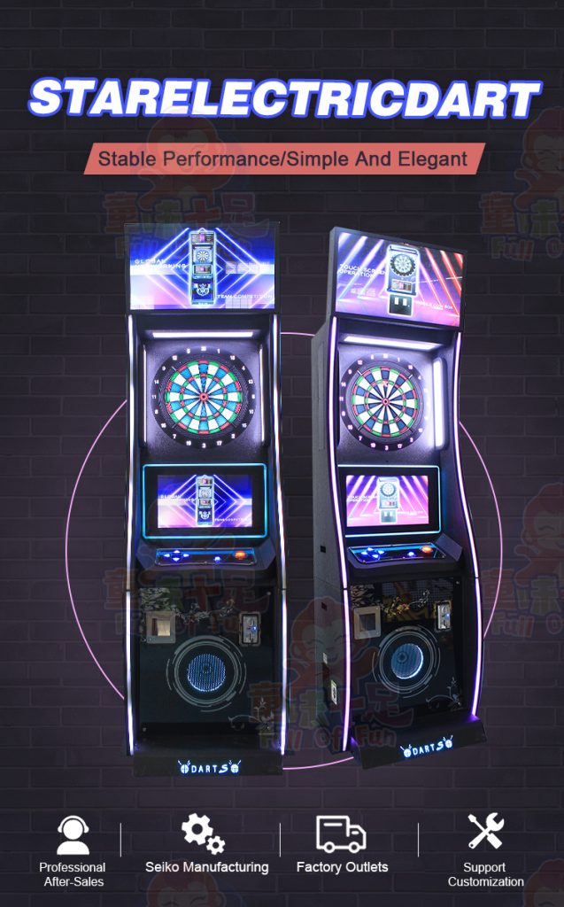 Coin-operated dart game machine with two screens for multiplayer competitions.