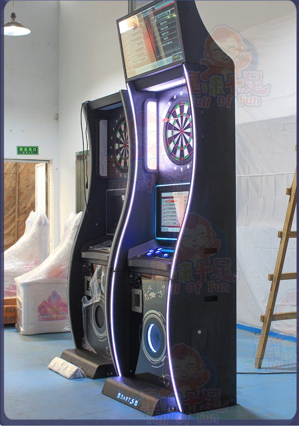 Coin-operated dart game machine with two screens for multiplayer competitions.