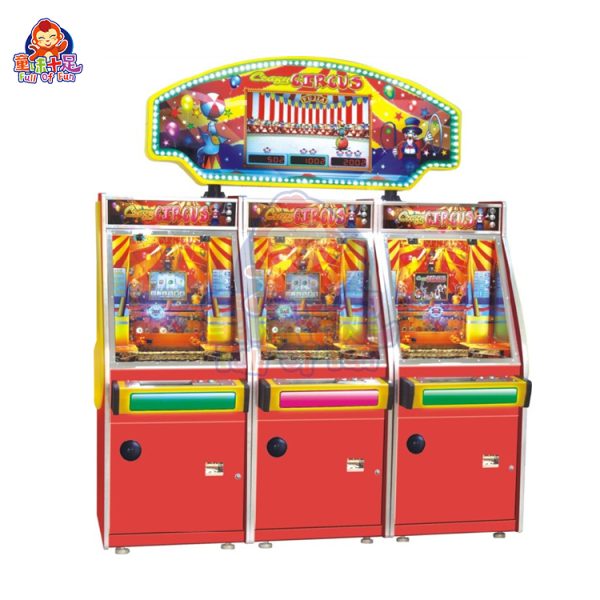 Three-player circus-themed coin pusher machine with vibrant lights and sound effects.