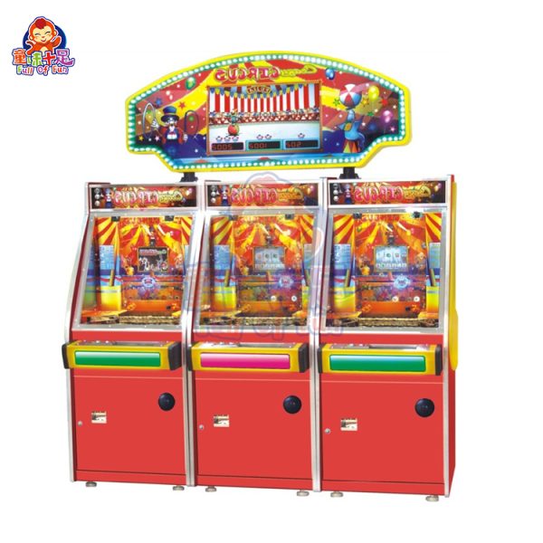 Three-player circus-themed coin pusher machine with vibrant lights and sound effects.