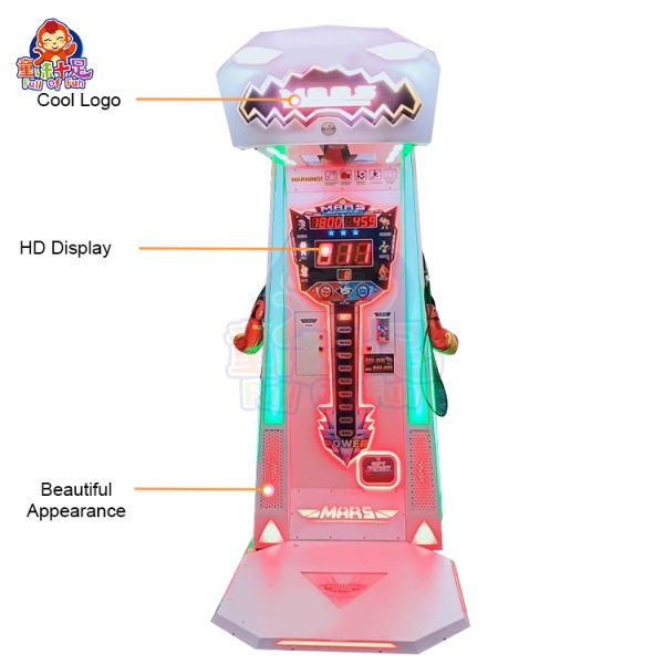 War God boxing arcade machine with LED lights and high-score display.