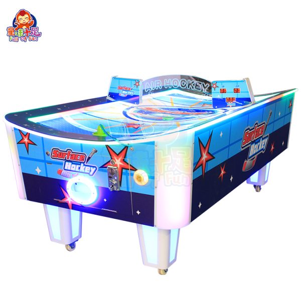 Curved air hockey game machine with arcade-style design, offering exciting interactive gameplay.