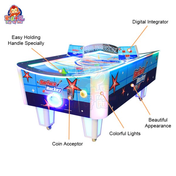 Curved air hockey game machine with arcade-style design, offering exciting interactive gameplay.