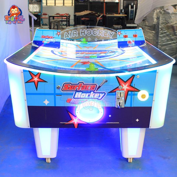 Curved air hockey game machine with arcade-style design, offering exciting interactive gameplay.