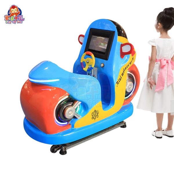 Kids’ motorcycle kiddie ride with vibrant colors, realistic features, and fun motion.