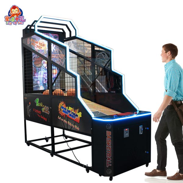Coin-operated basketball machine with LCD screen, durable design, and interactive scoring.