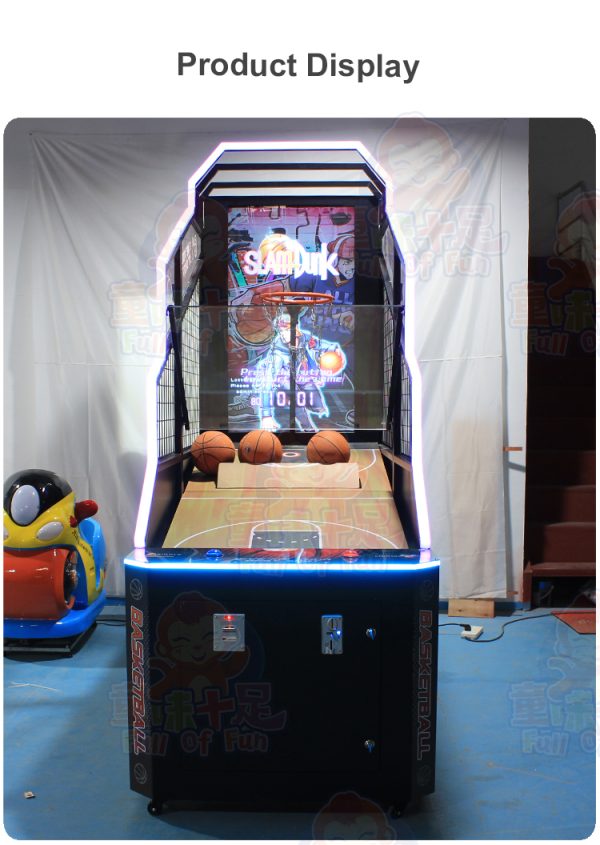 Coin-operated basketball machine with LCD screen, durable design, and interactive scoring.