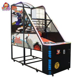 Máquina de basquete arcade com luzes LED, operada por moedas, para uso em fliperamas.