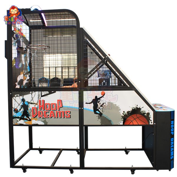 Coin-operated LED basketball machine with lights for arcade use.