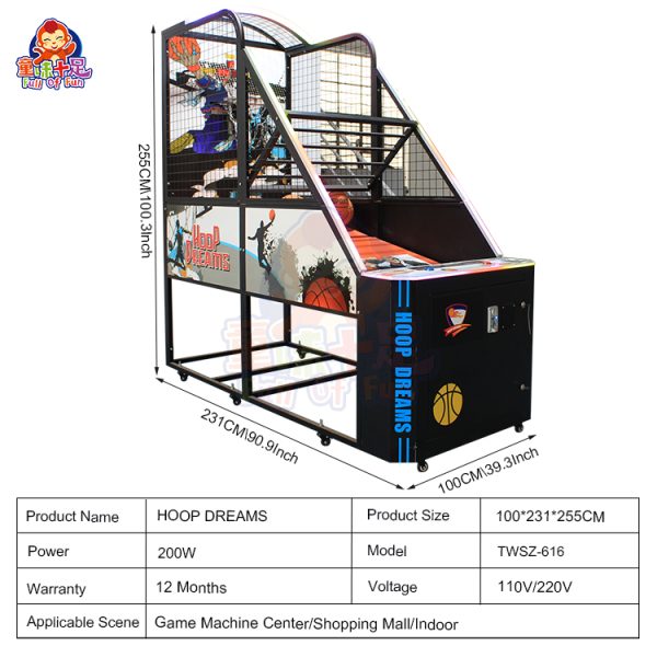 Coin-operated LED basketball machine with lights for arcade use.