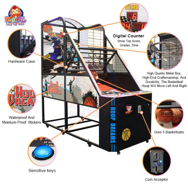 Coin-operated LED basketball machine with lights for arcade use.