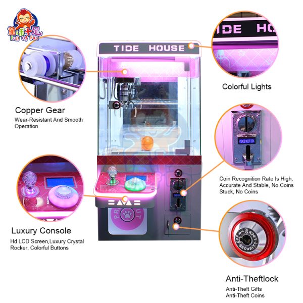 Compact coin-operated mini claw machine for children’s amusement.