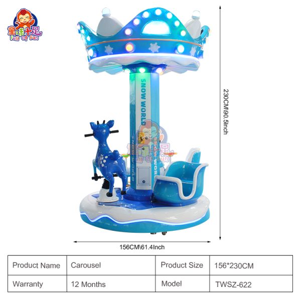 Ice World-themed children's 3-seater carousel ride with a frosty winter design.