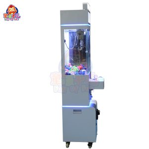 Mini máquina de garras con funcionamiento a monedas, luces LED brillantes y diseño compacto.