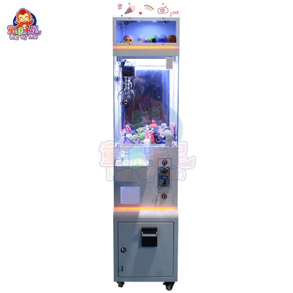 Mini claw machine with coin-operated function, bright LED lights, and compact design.