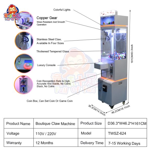 Mini claw machine with coin-operated function, bright LED lights, and compact design.