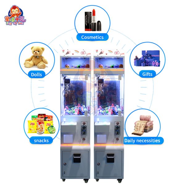 Mini claw machine with coin-operated function, bright LED lights, and compact design.