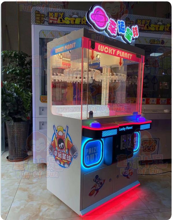Two-player claw machine with coin operation, sturdy build, and customizable claw settings.